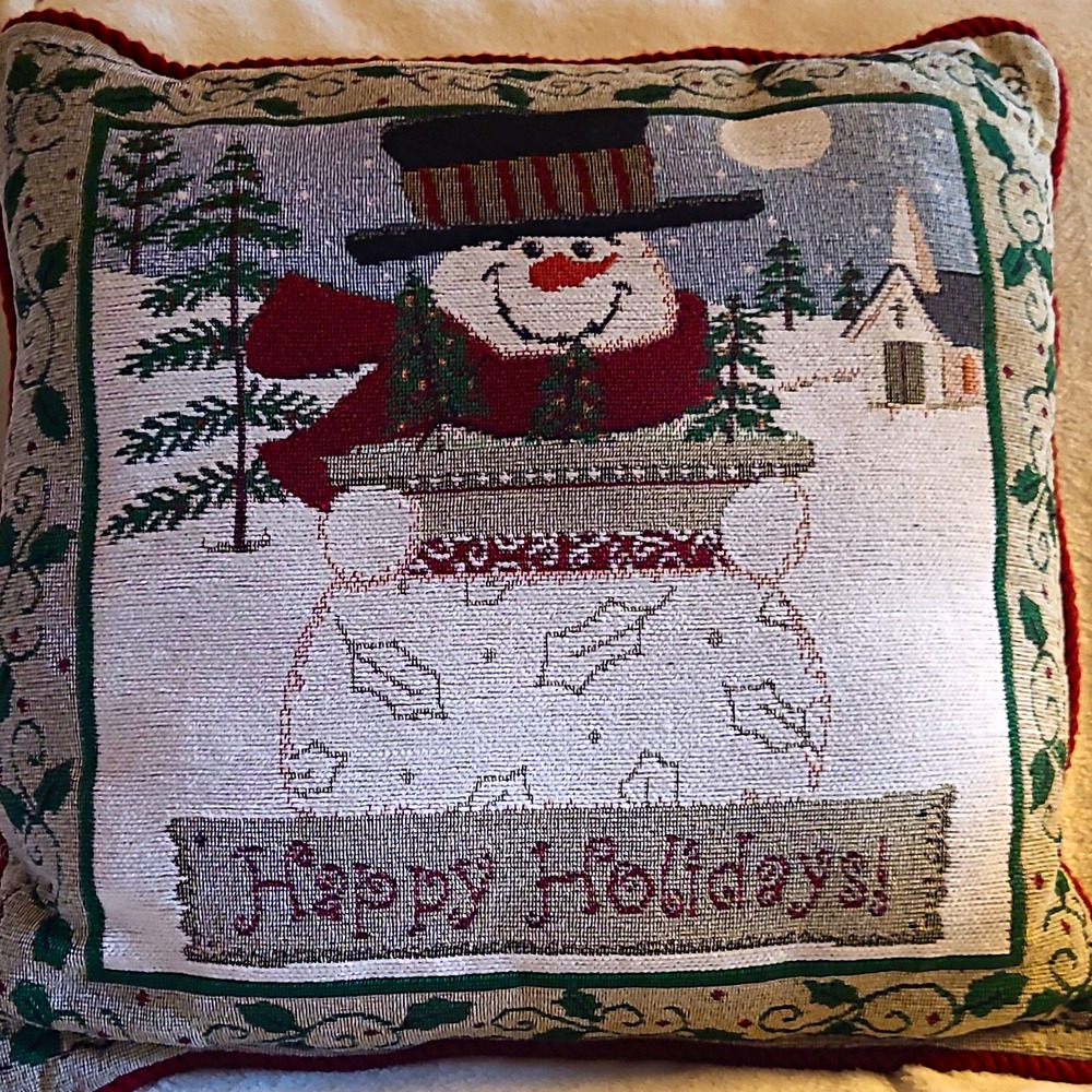 Vintage Snowman Tapestry Throw Pillow Happy Holidays Christmas Decor 16" Woven